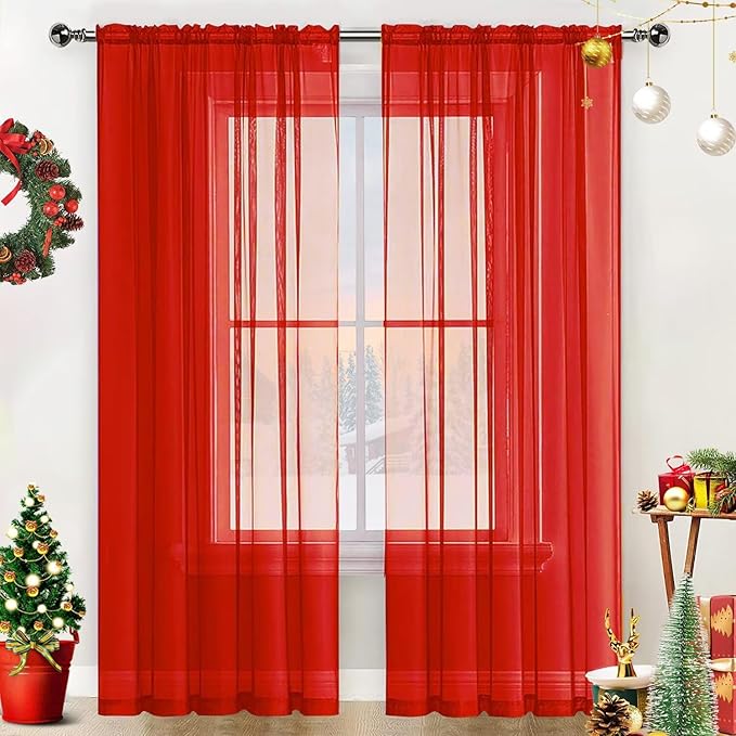 SpaceDresser Basic Rod Pocket Sheer Voile Window Curtain Panels White 1 Pair 2 Panels 70 Width 84 Inch Long for Kitchen Bedroom Children Living Room Yard(Red,70 W x 84 L)