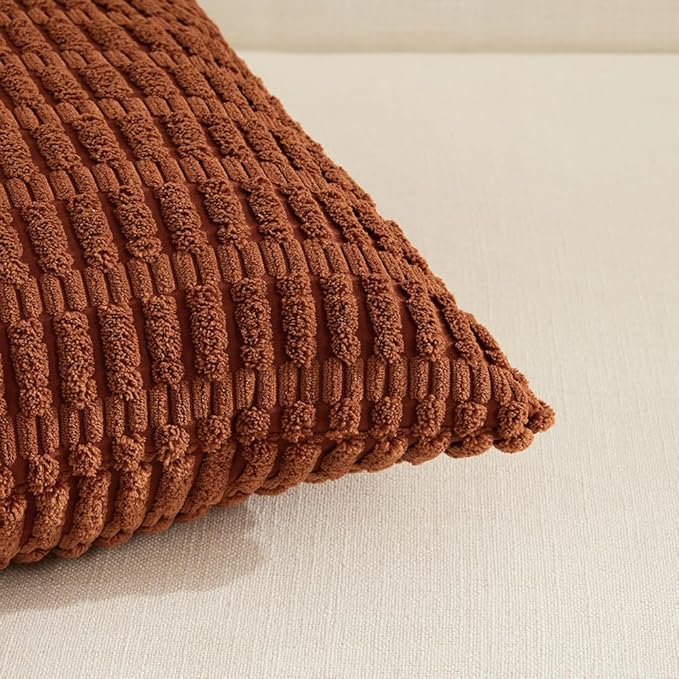Fancy Homi 4 Packs Rust Decorative Throw Pillow Covers 18x18 Inch for Living Room Couch Bed Sofa, Terracotta Rustic Farmhouse Boho Home Decor, Soft Plush Striped Corduroy Square Cushion Case 45x45 cm