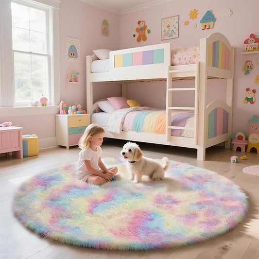 yulidayang Rainbow Fluffy Round Area Rugs for Bedroom,4'X4'Shag Circle Area Rugs for Girls Room,Non Slip Fuzzy Plush Rug for Kids Room Living Room and Dorm Home Decor Rug