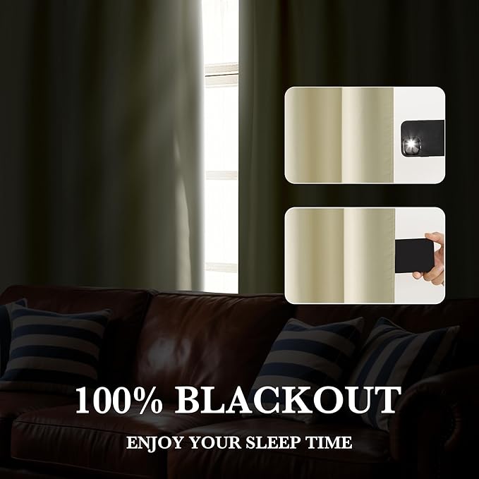 RYB HOME Bedroom Blackout Curtains 54 inches Long, 100% Blackout Thermal Insulated Noise Reducing Curtains for Living Room Nursury, 42 inches Wide by 54 inches Long, Beige