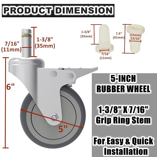 RILIDRI 5-Inch Swivel Stem Caster, 7/16-Inch Stem Diameter Rubber Wheel - Image 2