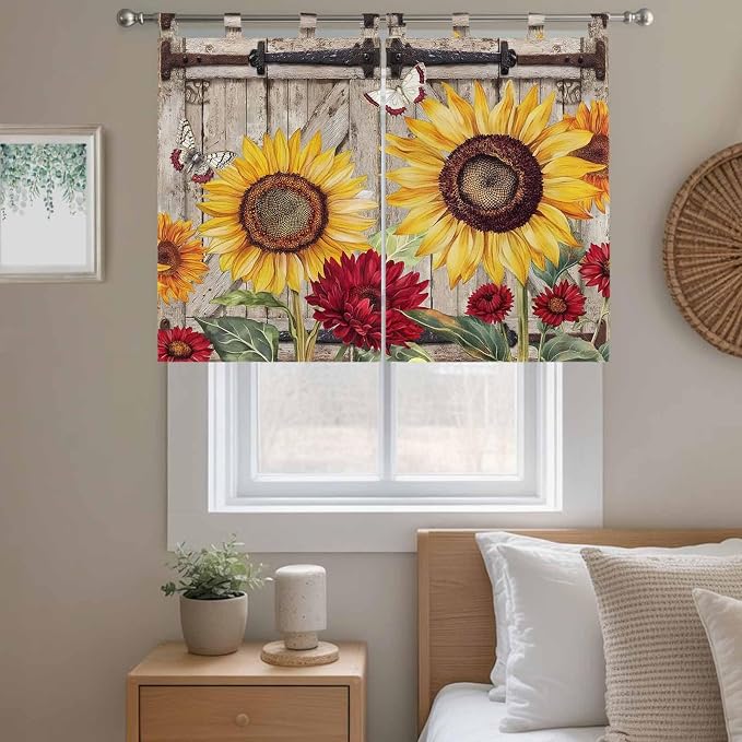 Sunflowers Kitchen Curtains 45 Inch Length, Short Cafe Window Curtains Tab Top - Image 9
