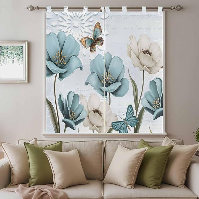 Blue Tulips Living Room Curtains 84 Inch Length, Window Curtains Tab Top - Image 9