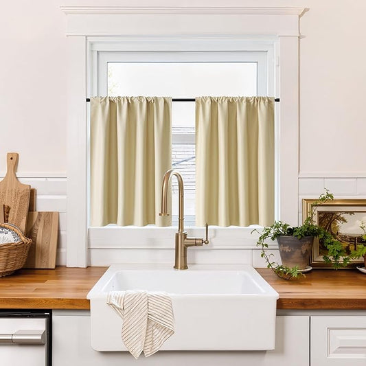 RYB HOME 100% Blackout Short Curtains for Small Window, Thermal Insulated Total Room Darkening Noise Reducing Curtains for Basement Bathroom RV Cars, 29 inches Wide by 24 inches Long, Biscotti Beige
