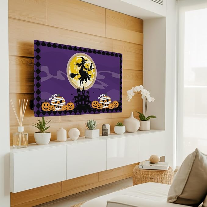 Halloween Full Moon Witch Riding Broom Indoor TV Cover, Elastic TV Screen - Image 3