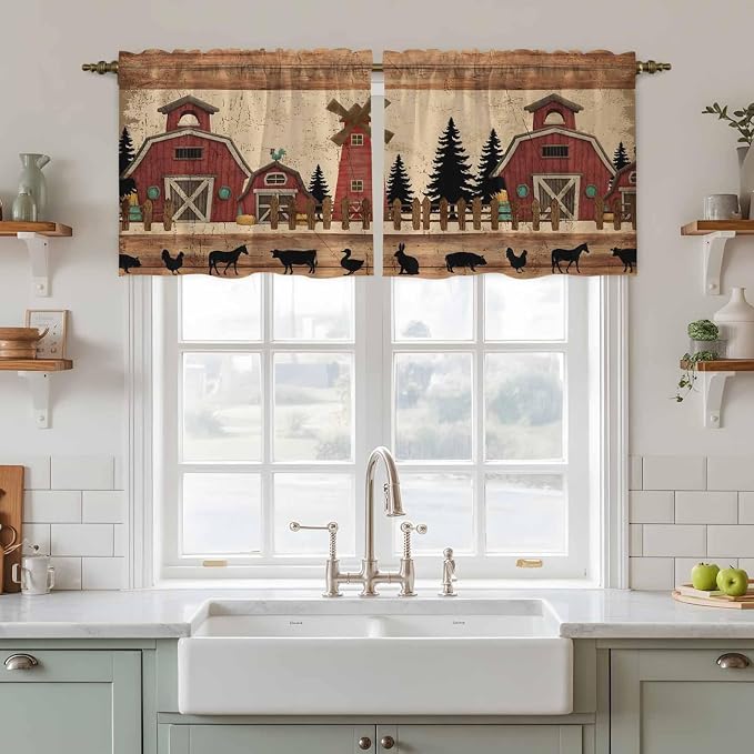 Brown Farmhouse Tier Curtains, Vintage Country Animals Wooden Grain Light - Image 2