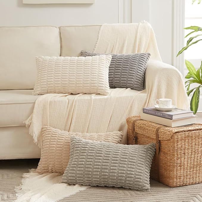 Fancy Homi 4 Packs Tan Decorative Throw Pillow Covers 16x24 Inch for Living Room Couch Bed Sofa, Beige Rustic Farmhouse Boho Home Decor, Soft Plush Striped Corduroy Square Cushion Case 40x60 cm