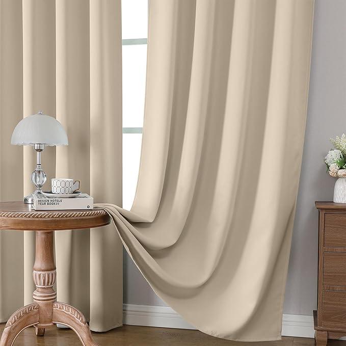 CUCRAF Light Beige Blackout Curtains 84 inch Length 2 Panels Set, Rod Pocket Room Darkening Drapes for Bedroom Living Room, Insulated Thermal Light Blocking Window Curtain (W52 x L84 Inch)
