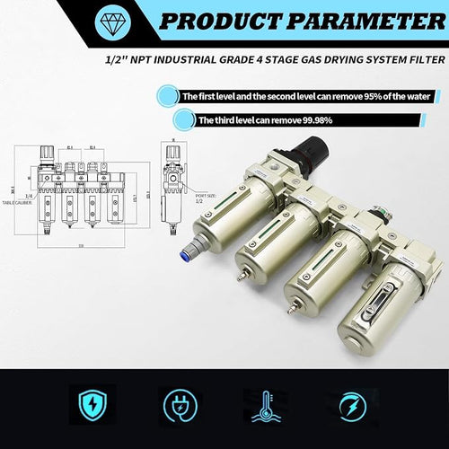 1/2" NPT Industrial Grade 4 Stage Gas Drying System, Coalescing Filter - Image 2