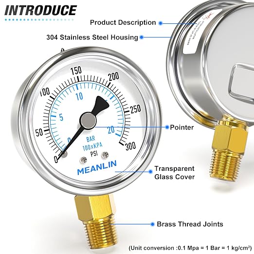 MEANLIN MEASURE 0~300Psi Dry Pressure Gauge Stainless Steel 1/4" NPT 2" FACE - Image 4