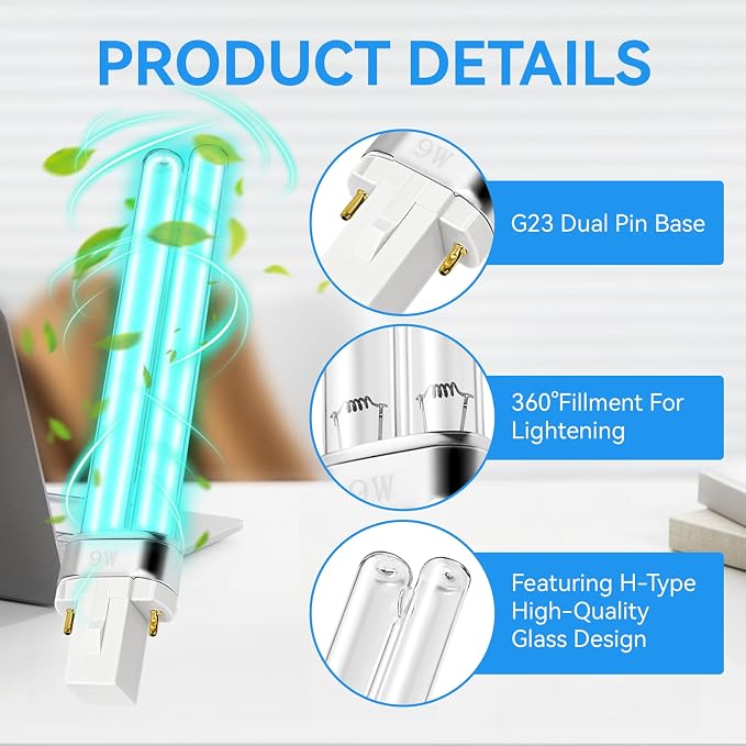 2 Pack 9W UV Light Bulb HVAC Bulb Replacement UVC G23 2 Pin Base | 9 Watt UV - Image 3