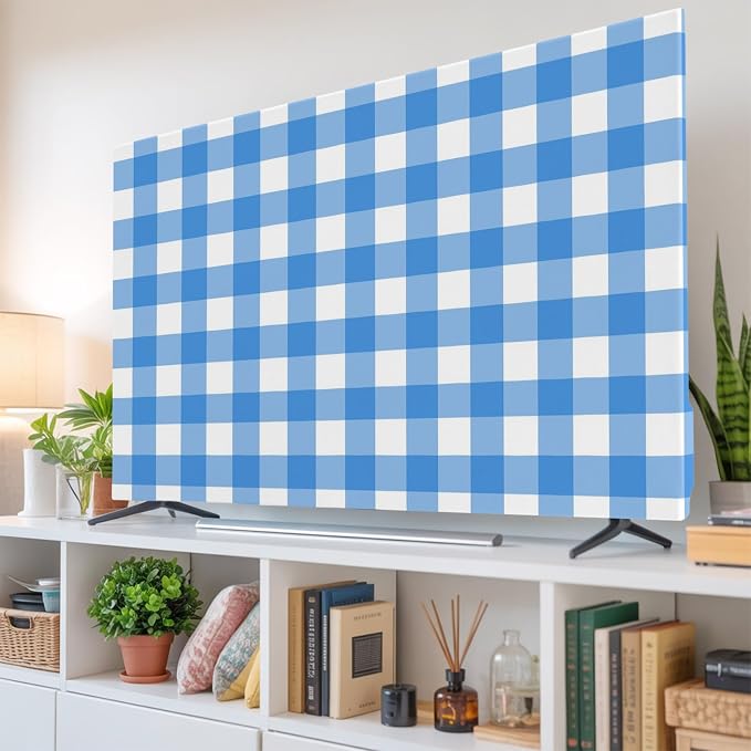 Minimalist Blue White Buffalo Plaid Indoor TV Cover, Elastic TV Screen by Unknown