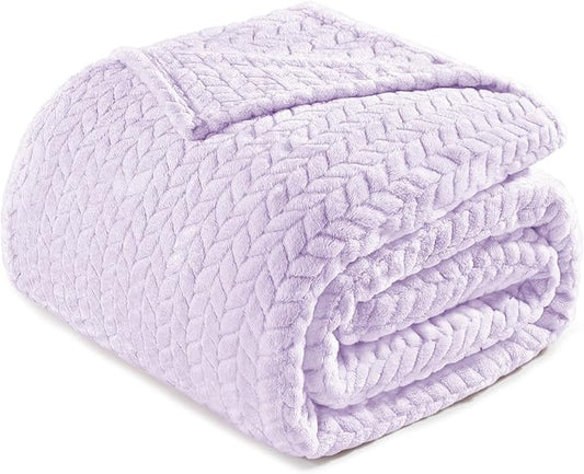 Exclusivo Mezcla Fleece Queen Size Blanket for Bed, 90x90 Inches Soft Cozy Jacquard Flannel Blankets, Lightweight Fuzzy Plush Warm for Women, Lilac Purple