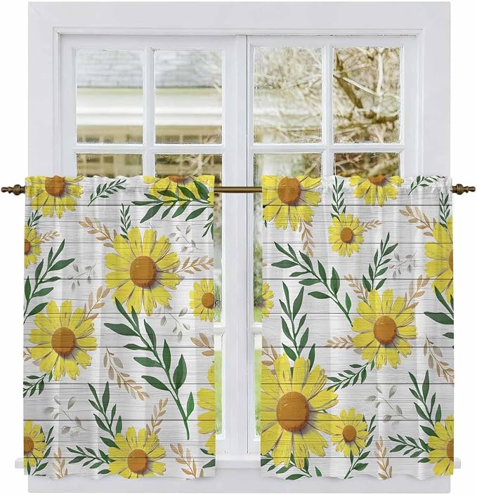 Yellow Daisy Kitchen Curtains, Farmhouse Country Flower Leaf Plant Wood Grain - Image 2