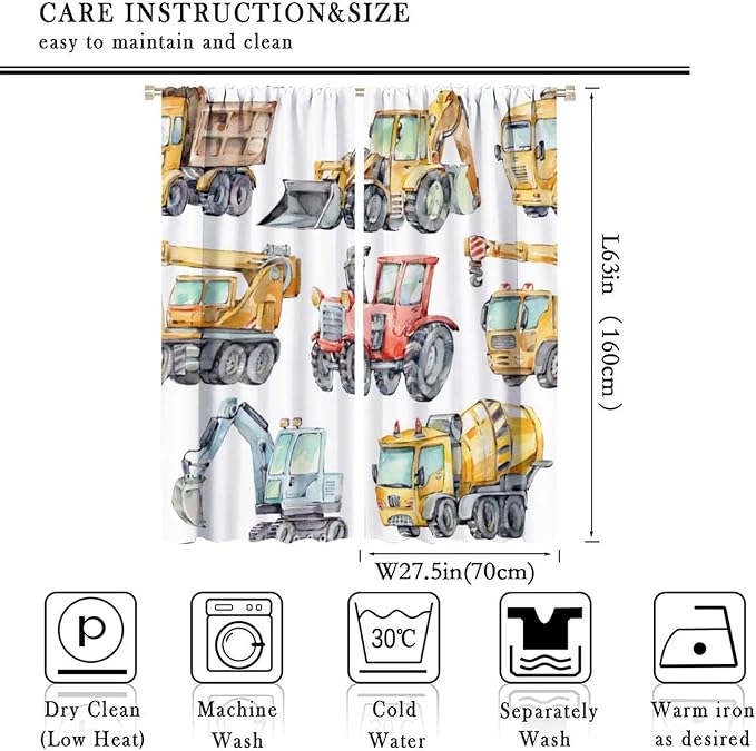 Kids Excavator Curtains, Retro Truck Tractor Machinery Construction Vehicle - Image 4