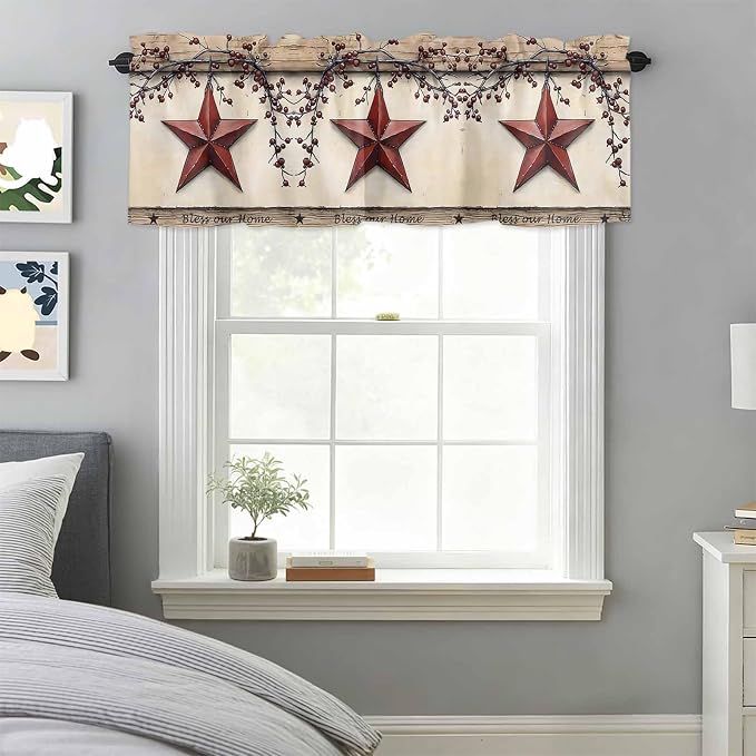Farmhouse American Valances for Windows, Country Star Berries Vintage Wood - Image 3