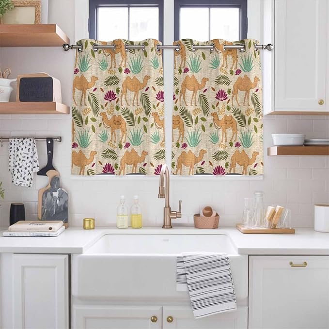 2 Panel Kitchen Cafe Curtains, Desert Camels Sunlight Filtering Nature Air - Image 2