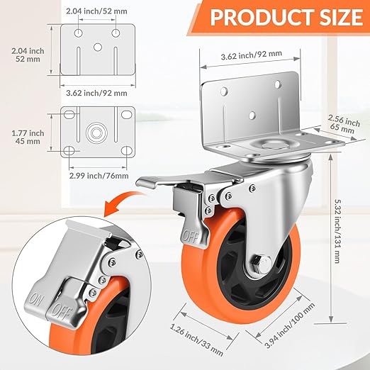 Caster Wheels, 4 Inch L-Shaped Casters Set of 4 Heavy Duty, Locking Caster - Image 2