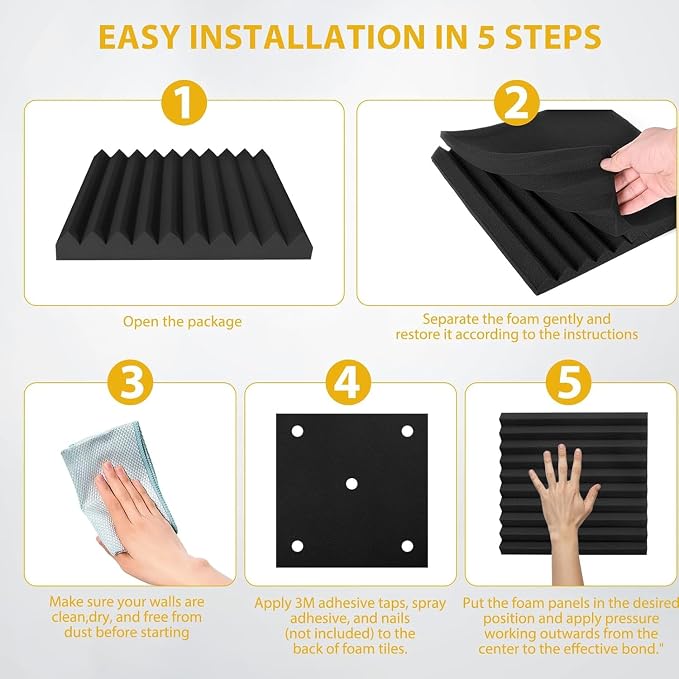 98 Pack Acoustic Foam Panels, Noise Cancelling Dampening Sound Absorbing Black - Image 4