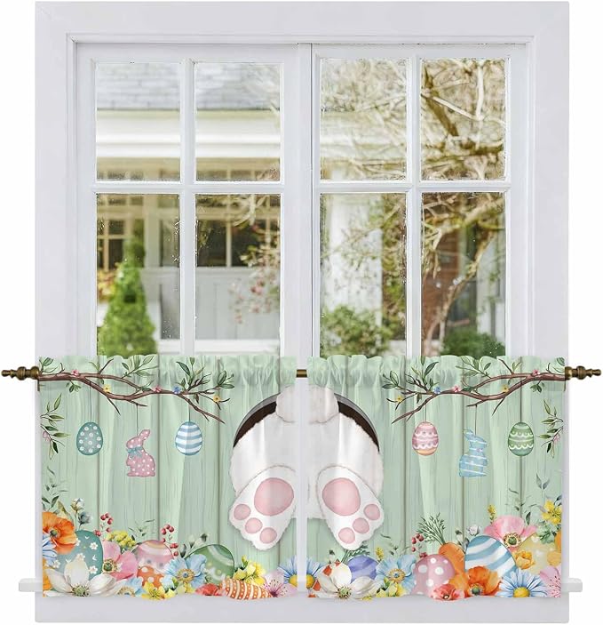 Easter Kitchen Tier Curtains 36 Inch Long 2 Panel Set, Rod Pocket Half Window - Image 2