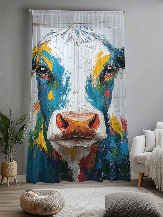 Sheer Curtains 84 Inches Long, Rustic Cow Semi Sheer Curtains Light Filtering - Image 2
