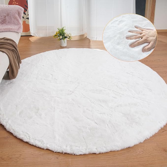 ORINOVA White Round Shag Rugs 6ft Faux Rabbit Washable Fur Area Rugs for Living Room Circle Fluffy Rugs for Bedroom Boho Rug Home Room Décor