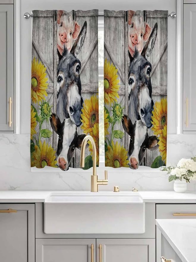 Farmhouse Bedroom Curtains 63 Inches length, Vintage Sunflowers Animals Printed - Image 3