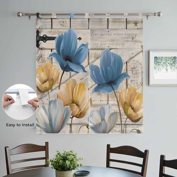 Blue Yellow Tulips Living Room Curtains 84 Inch Length, Window Curtains Tab Top - Image 4