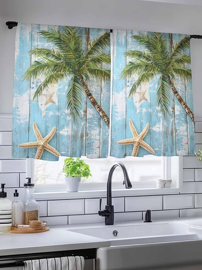 Sheer Curtains 45 Inch Length, Coastal Beach Blue Semi Sheer Curtains Light - Image 5