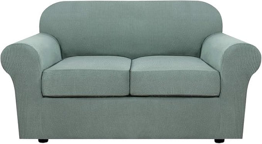 H.VERSAILTEX 3 Piece Stretch Sofa Covers for 2 Cushion Loveseat Couch Covers for Living Room Sofa Slipcovers (Base Cover Plus 2 Seat Cushion Covers) Thicker Jacquard Fabric(Medium Sofa, Sage)