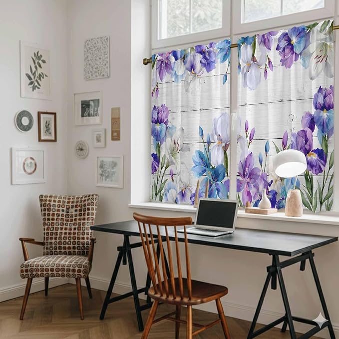 Spring Flowers Tier Curtains, Watercolor Garden Florals Wooden Grain Light - Image 6