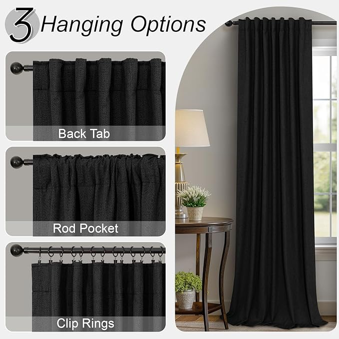 Pitalk Black Blackout Curtains 96 Inches Long for Living Room Bedroom Faux Linen Window Treatments Sun Light Blocking Curtains for Ceiling to Floor Sliding Door Halloween Decor 96 Inch Length 2 Panels