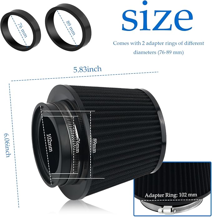 Cold Air Intake Filter with 76, 102mm Adapter Ring, Round Cone Air Filter - Image 2