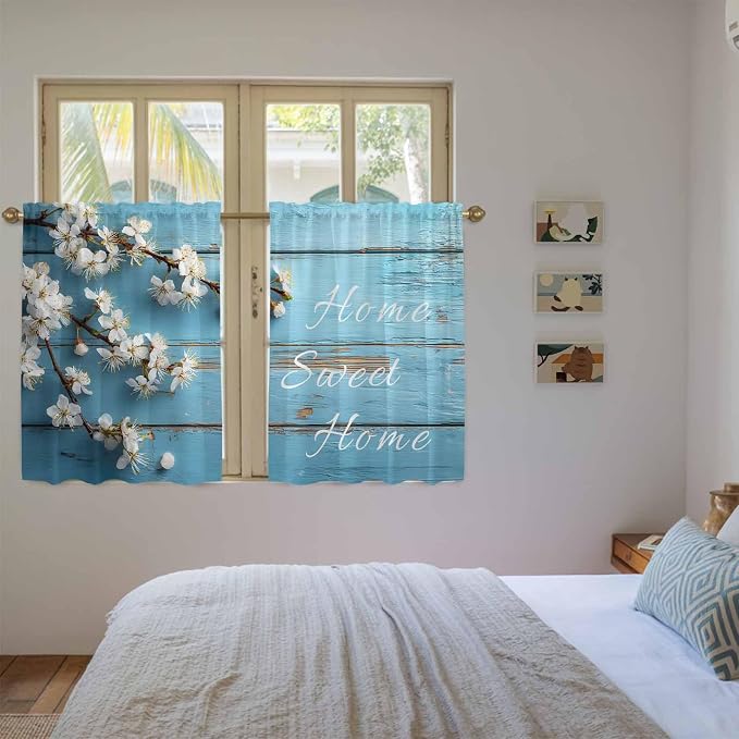 Farmhouse Wooden Grain Kitchen Curtains, Vintage Shabby Chic Flower Blue Light - Image 4