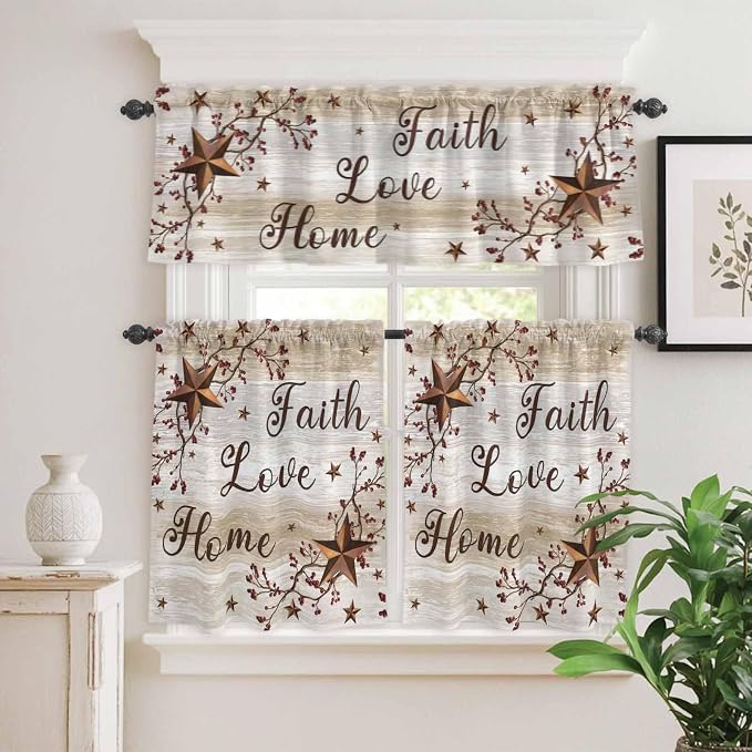 Kitchen Curtains Tiers and Valance Set of 3, Texas Star Brown Light Filtering - Image 2