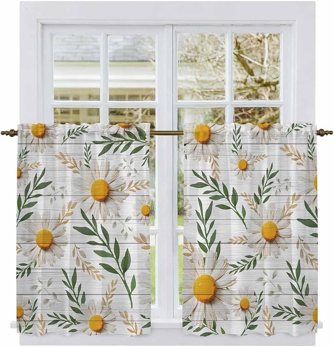 Spring Daisy Kitchen Curtains, Farmhouse Country Flower Leaf Plant Wood Grain by Unknown