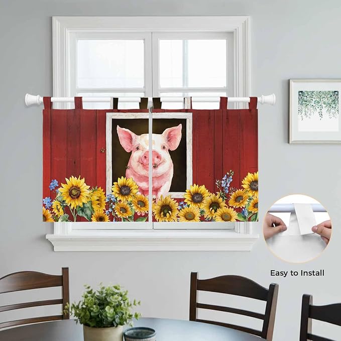 Pigs Sunflowers Kitchen Curtains 24 Inch Length, Small Window Curtains Tab Top - Image 4