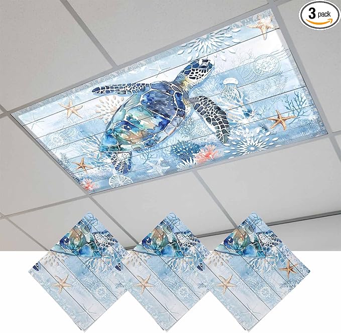 3 Pack Sea Turtle Fluorescent Light Covers Ocean Starfish Coral Blue Wood Grain by Unknown