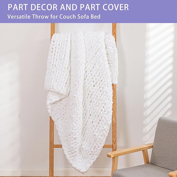 Bigacogo Chunky Knit Throw Blanket for Couch, 51x63 inches, 100% Hand Knitted with Thick Jumbo Chenille Yarn, Cozy Soft Large Rope Knot Cable Crochet Blankets for Sofa Bed Living Room, White