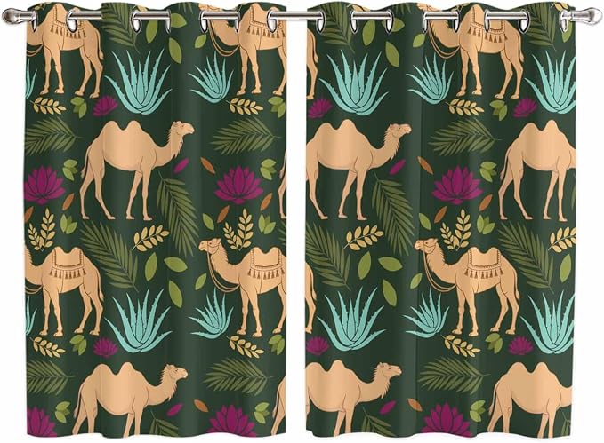 2 Panel Kitchen Cafe Curtains, Retro Desert Camel Sunlight Filtering Nature Air by Hokiten