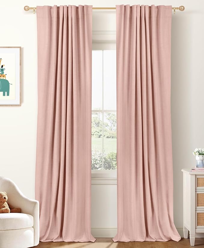 100% Blackout Shield Linen Blackout Curtains for Bedroom 108 Inches Long, Back Tab/Rod Pocket Living Room Drapes, Thermal Insulated Blackout Curtains 2 Panels Set, 50" W x 108" L, Blush Pink