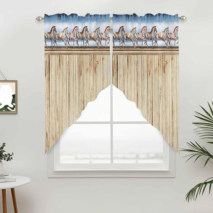 Western Horse Swag Valances for Windows, Farmhouse Wooden Grain Vintage Cowboy - Image 3