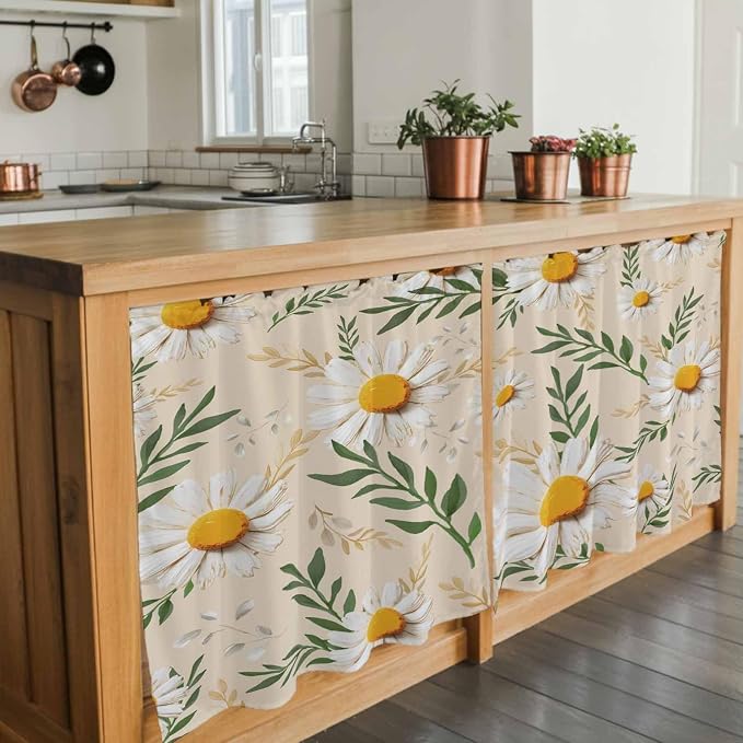Spring Daisy Tier Curtains, Country Watercolor Flower Leaf Plant Light - Image 7