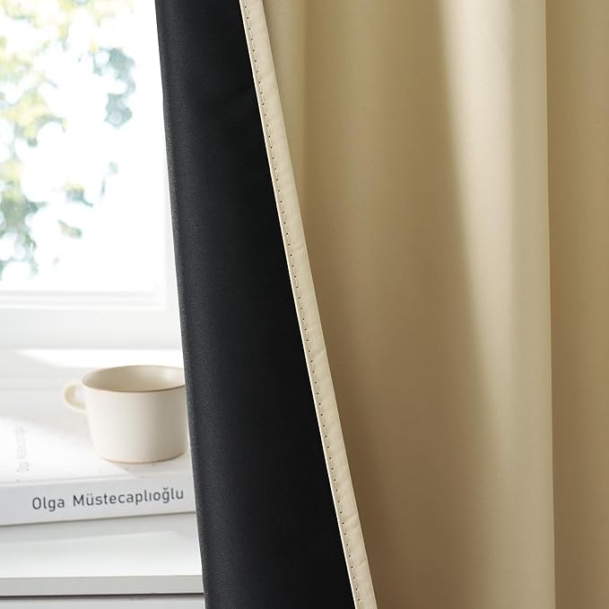 RYB HOME 100% Blackout Basement Curtains 36 inches Long, Heat & UV Blocking Total Room Darkening Noise Reducing Curtains for Bathroom RV Campers, Biscotti Beige, 2 Panels Set