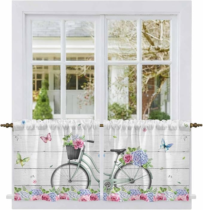 Spring Tier Curtains, Bicycles Botanical Rose Leaves Butterfly Wood Grain Light by Unknown