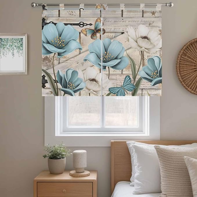 Teal Blue Tulips Kitchen Curtains 45 Inch Length, Short Cafe Window Curtains - Image 9