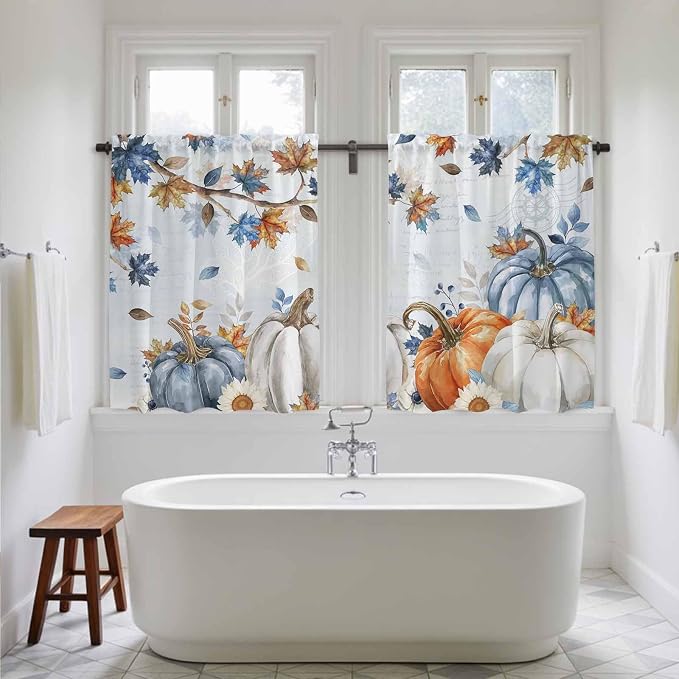 Fall Blue Maple Kitchen Curtains 54 Inch Long 2 Panel Set, Rod Pocket Window - Image 5