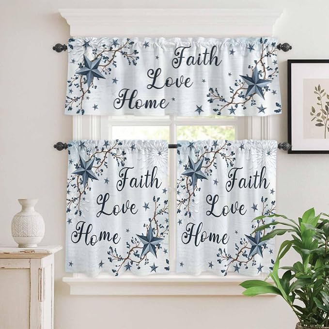 Kitchen Curtains Tiers and Valance Set of 3, Texas Star Country Light Filtering - Image 2