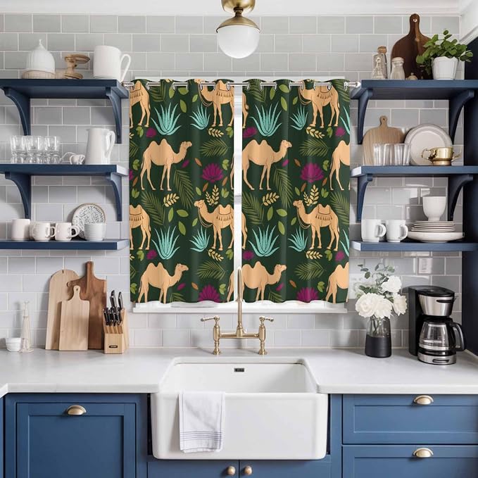 2 Panel Kitchen Cafe Curtains, Retro Desert Camel Sunlight Filtering Nature Air - Image 2