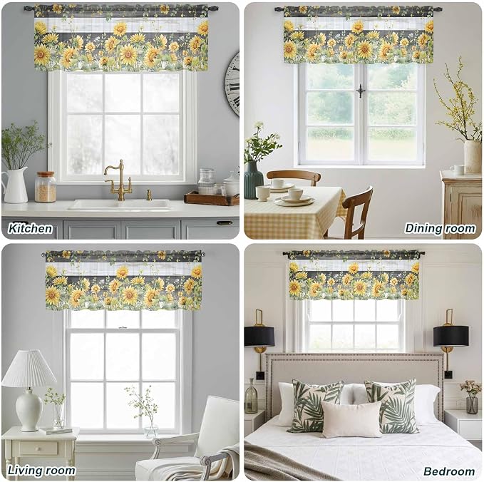 Summer Floral Sheer Valance Curtains, Watercolor Sunflower Eucalyptus Leaves - Image 9